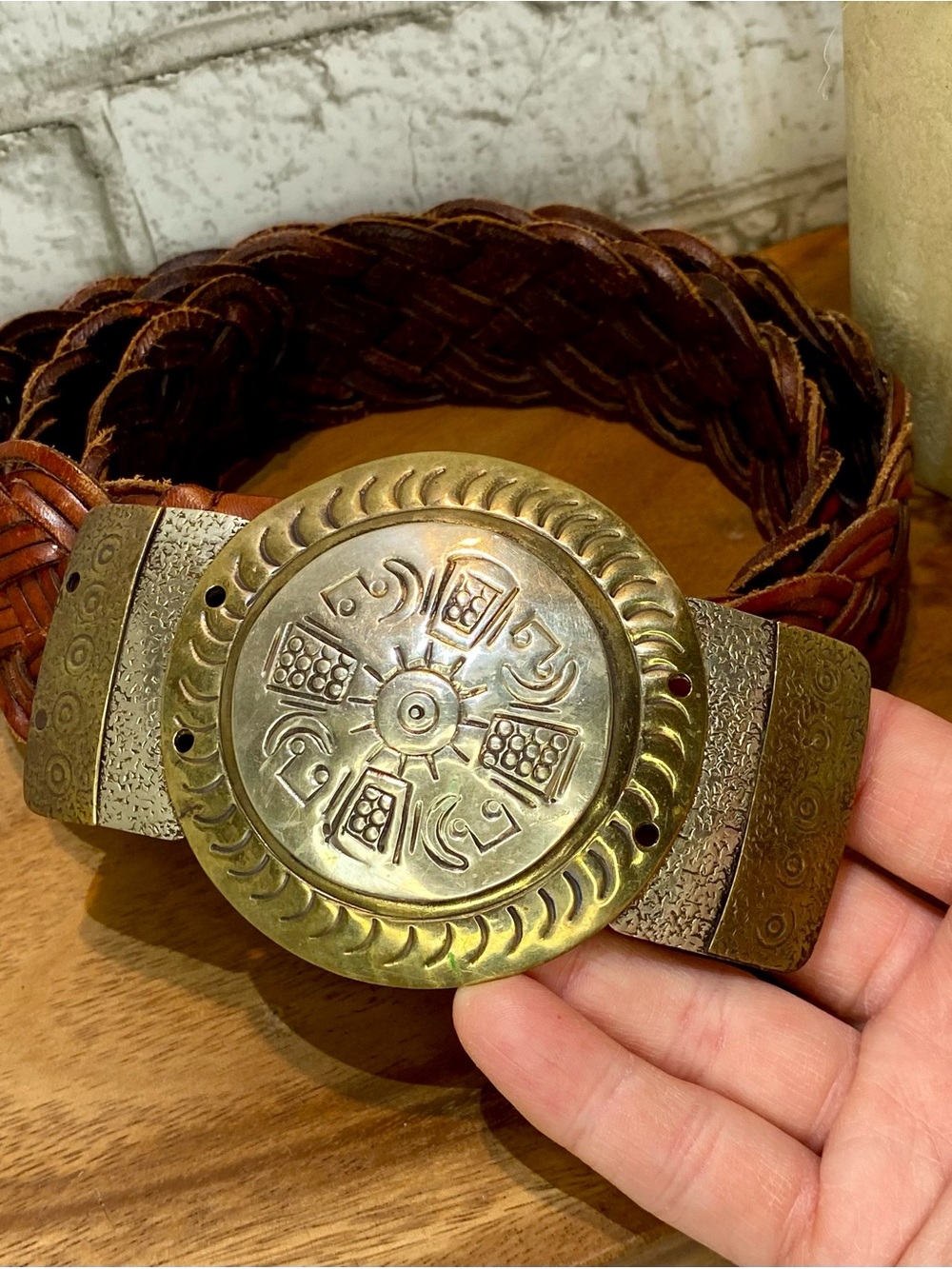 CHICO’S M/L Braided Brown Leather Belt with Ornate Brass Medallion